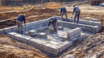 Construction Workers Building a Foundation with Concrete Blocks photo