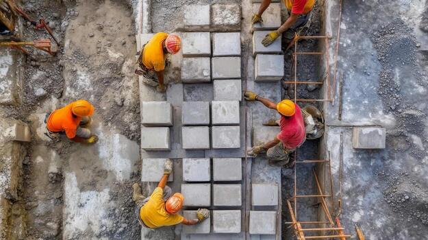 Construction Workers Laying Concrete Blocks on a Construction Site photo
