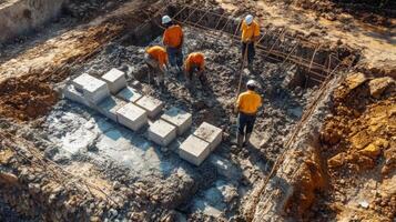 Construction Workers Laying Concrete Blocks in a Foundation photo