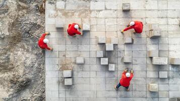 Construction Workers Laying Concrete Tiles on a Construction Site photo