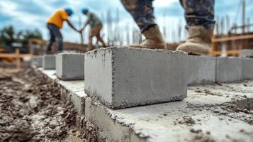 Close-up of Concrete Blocks During Construction with Blurred Workers in the Background photo