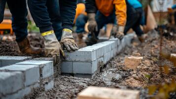 Close-up of construction worker's hands laying concrete blocks photo