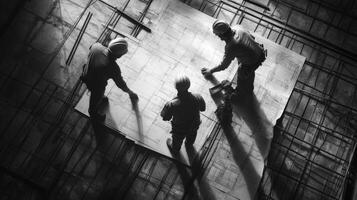 Construction Workers Reviewing Blueprint on a Rebar Structure photo