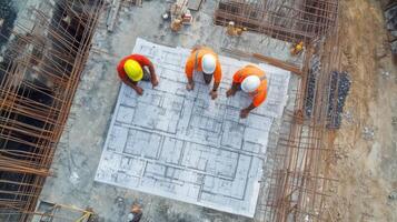 Construction Workers Examining Blueprint at Building Site photo