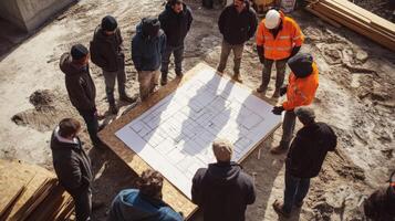 Construction Workers Reviewing Blueprint on Construction Site photo