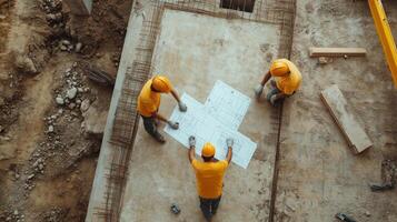 Construction Workers Reviewing Blueprint on Site photo
