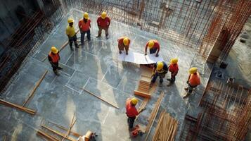 Construction Workers Reviewing Plans on a Concrete Floor photo
