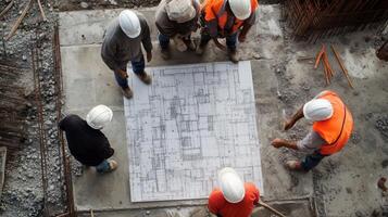 Construction Workers Examining a Blueprint on a Concrete Foundation photo