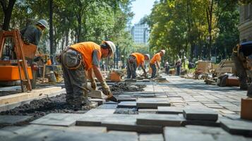 Construction Workers Laying Pavement Stones on a Street photo