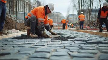 Construction Worker Laying Cobblestones on a City Street photo