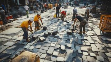 Construction Workers Laying Down Stone Pavement photo