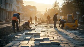 Construction Workers Laying Cobblestones on a City Street at Sunset photo