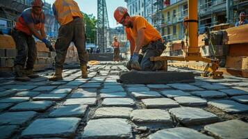 Construction Workers Laying Cobblestones in City Street photo