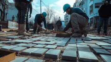 Construction Workers Laying Concrete Pavers on a Pathway photo
