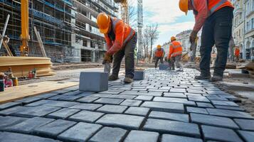 Construction Workers Laying Paving Stones in Urban Setting photo