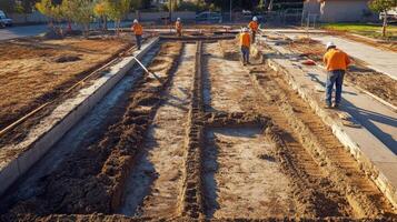 Construction Workers Digging Trenches in a Dirt Field photo