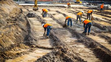 Construction Workers Leveling Ground with Shovels photo