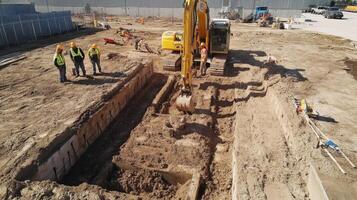 Construction Workers and Excavator Digging a Large Trench photo