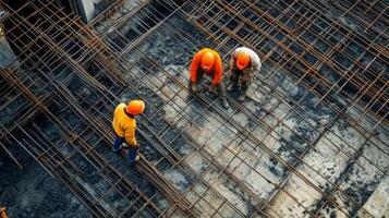 Construction Workers on a Concrete Slab with Reinforcement Bars photo