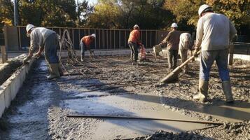 Construction Workers Pouring Wet Concrete on a Foundation photo