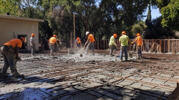 Construction Workers Pouring Concrete on a Rebar Grid photo