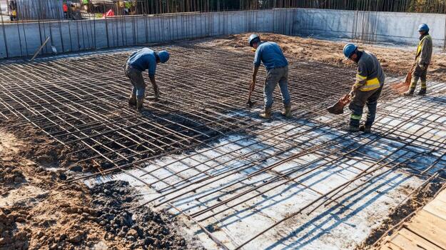 Construction Workers Laying Rebar Mesh on a Concrete Foundation photo