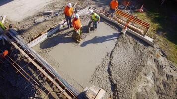 Construction Workers Pouring Concrete for a New Foundation photo