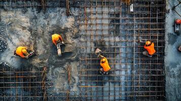 Construction Workers Pouring Concrete on a Gridded Foundation photo
