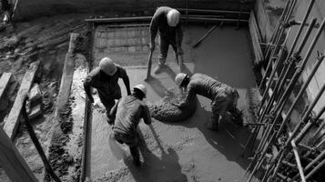 Construction Workers Pouring and Spreading Concrete photo