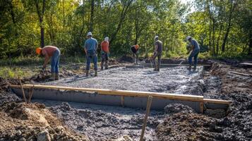 Construction Workers Pouring Concrete Foundation in a Forest Setting photo