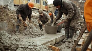 Construction Workers Mixing Concrete for Foundation photo