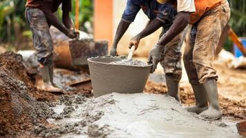 Two Men Mixing Cement with a Stick and Buckets photo