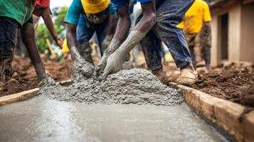 Men Pouring Concrete Into Wooden Mold During Construction photo