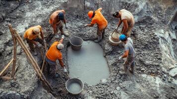 Construction Workers Mixing Cement and Pouring It Into a Mold photo