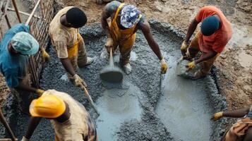 Construction Workers Mixing Concrete With Their Hands and Tools photo