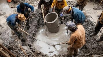 Construction Workers Mixing Cement Around Concrete Pipe photo