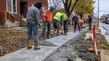 Construction Workers Pouring Concrete for a Sidewalk photo