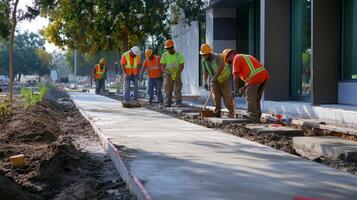 Construction Workers Finishing Concrete Sidewalk in Front of Building photo