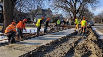 Construction Workers Pouring Concrete for a Sidewalk photo