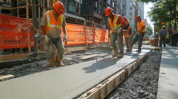Construction Workers Pouring Concrete Sidewalk photo