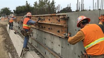 Construction Workers Installing Concrete Panels on a Construction Site photo