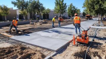 Construction Workers Laying Concrete Sidewalk in Front of New Buildings photo