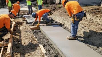 Construction Workers Pouring Concrete For a Sidewalk photo