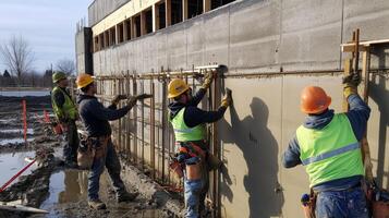 Construction Workers Leveling Concrete Wall With Level and Tools photo