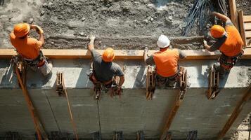 Four Construction Workers Hanging from a Concrete Beam photo