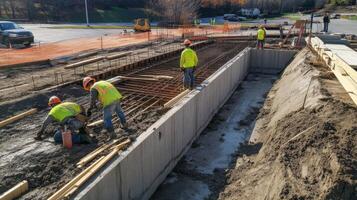 Construction Workers Pouring Concrete For A New Foundation photo