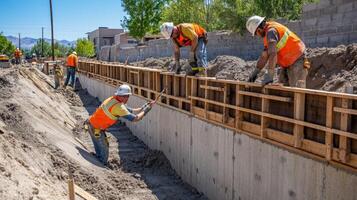 Construction Workers Building a Concrete Wall with Wooden Formwork photo