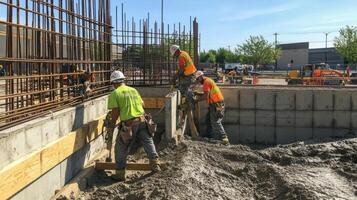 Construction Workers Leveling Concrete at a Construction Site photo