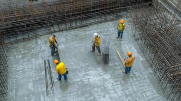 Construction Workers Pouring Concrete Over Rebar photo