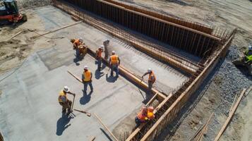 Construction Workers Pouring Concrete for a New Building Foundation photo